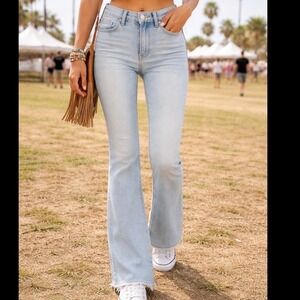 Lee Womens Vintage Light Wash High Rise Flare Leg Button Fly Denim Jeans Raw Hem